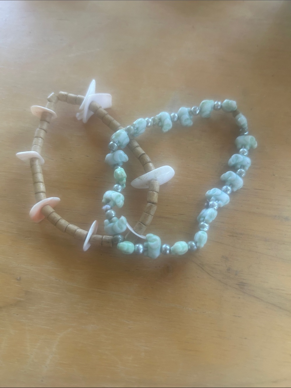 Kids Beaded Stretch Bracelets - Mint Green & Natural Shell